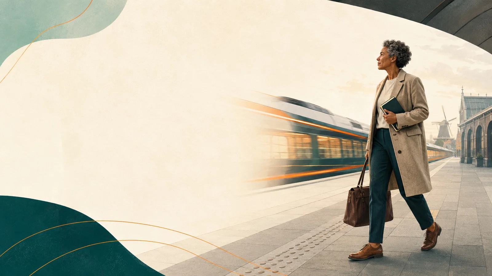 Vrouw staat op een perron terwijl een trein snel voorbijrijdt