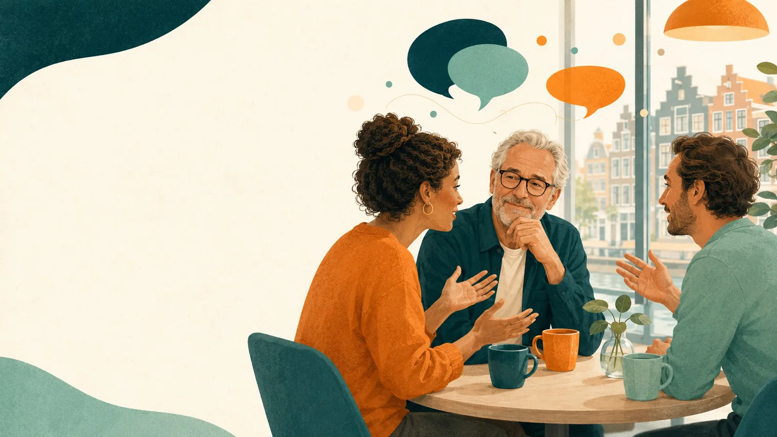 Drie mensen praten samen aan tafel met gekleurde tekstballonnen boven hen