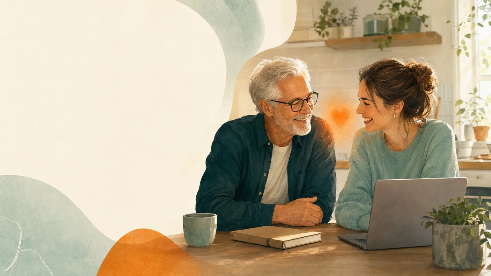 Oudere man en jongere vrouw leren samen aan een keukentafel met een laptop